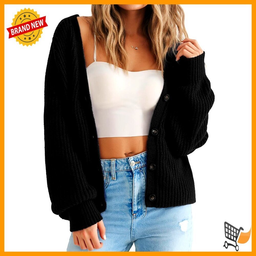 Oversized V-Neck Cardigan Chunky Knit Button Down Long Sleeve Loose Fit